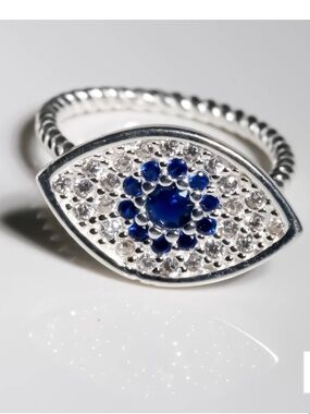 Evil Eye Blue Crystal Silver Anxiety Ring